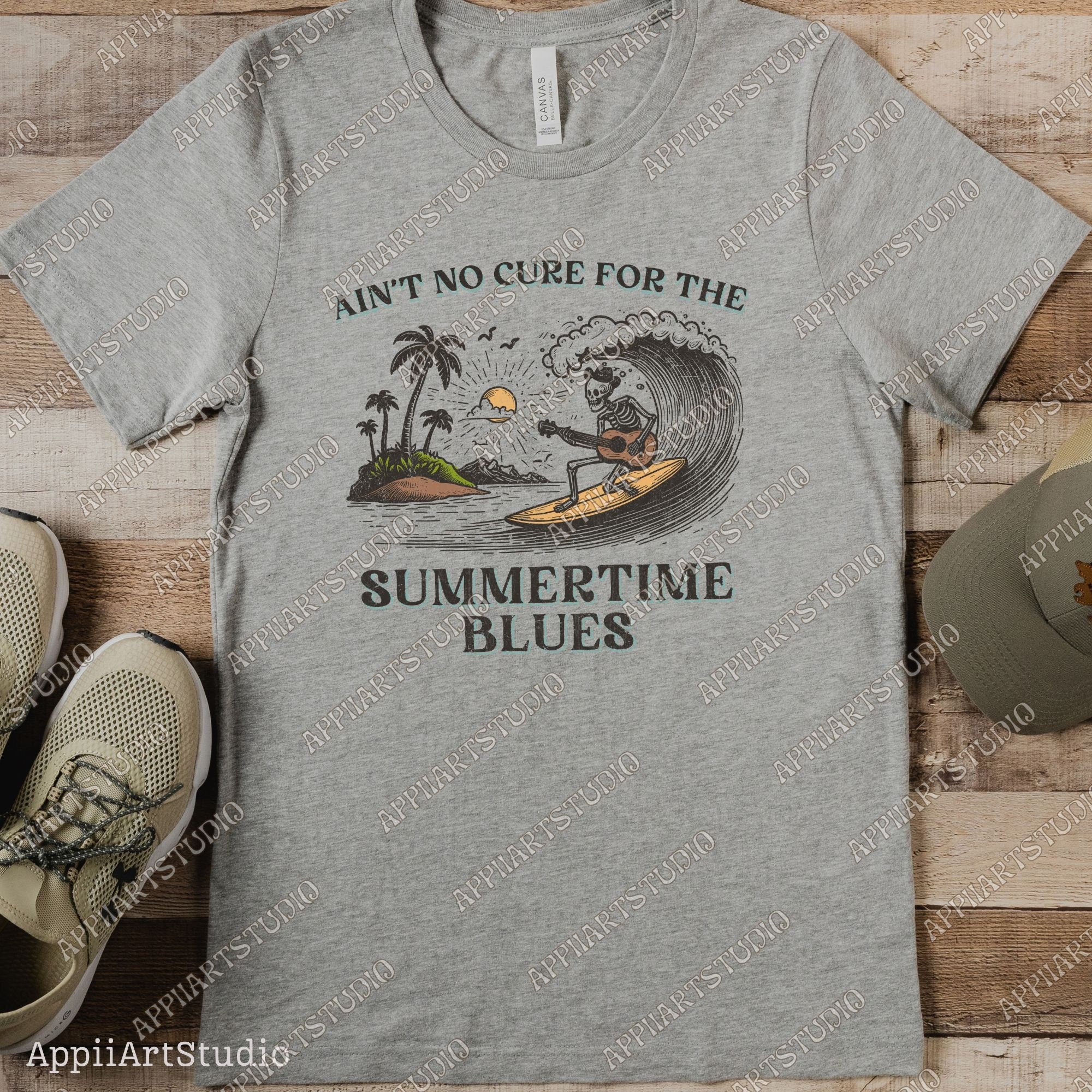 Ain't No Cure for the Summertime Blues Skeleton Surfer T-Shirt Design Retro Beach, Retro Sublimations, Summer Sublimations, PNG Shirt Design