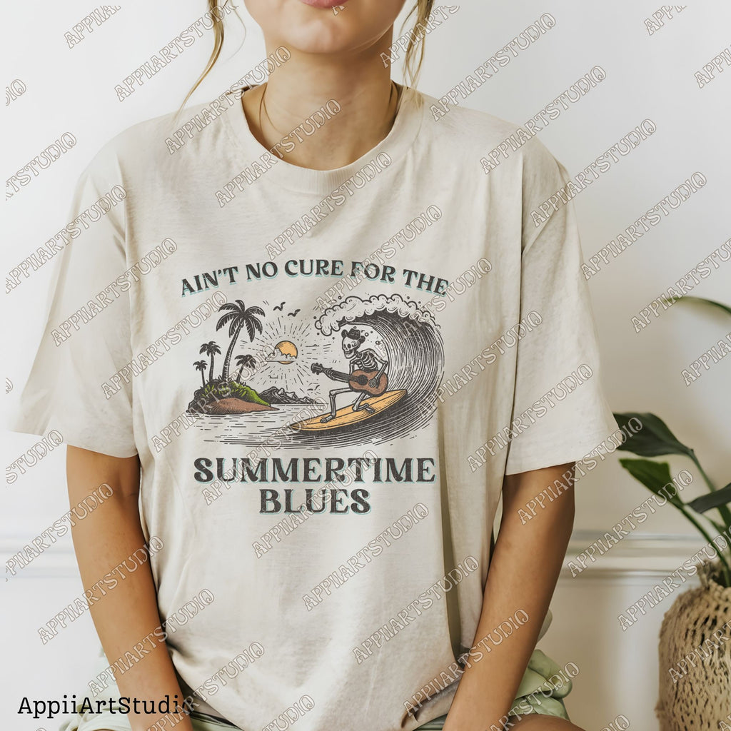 Ain't No Cure for the Summertime Blues Skeleton Surfer T-Shirt Design Retro Beach, Retro Sublimations, Summer Sublimations, PNG Shirt Design
