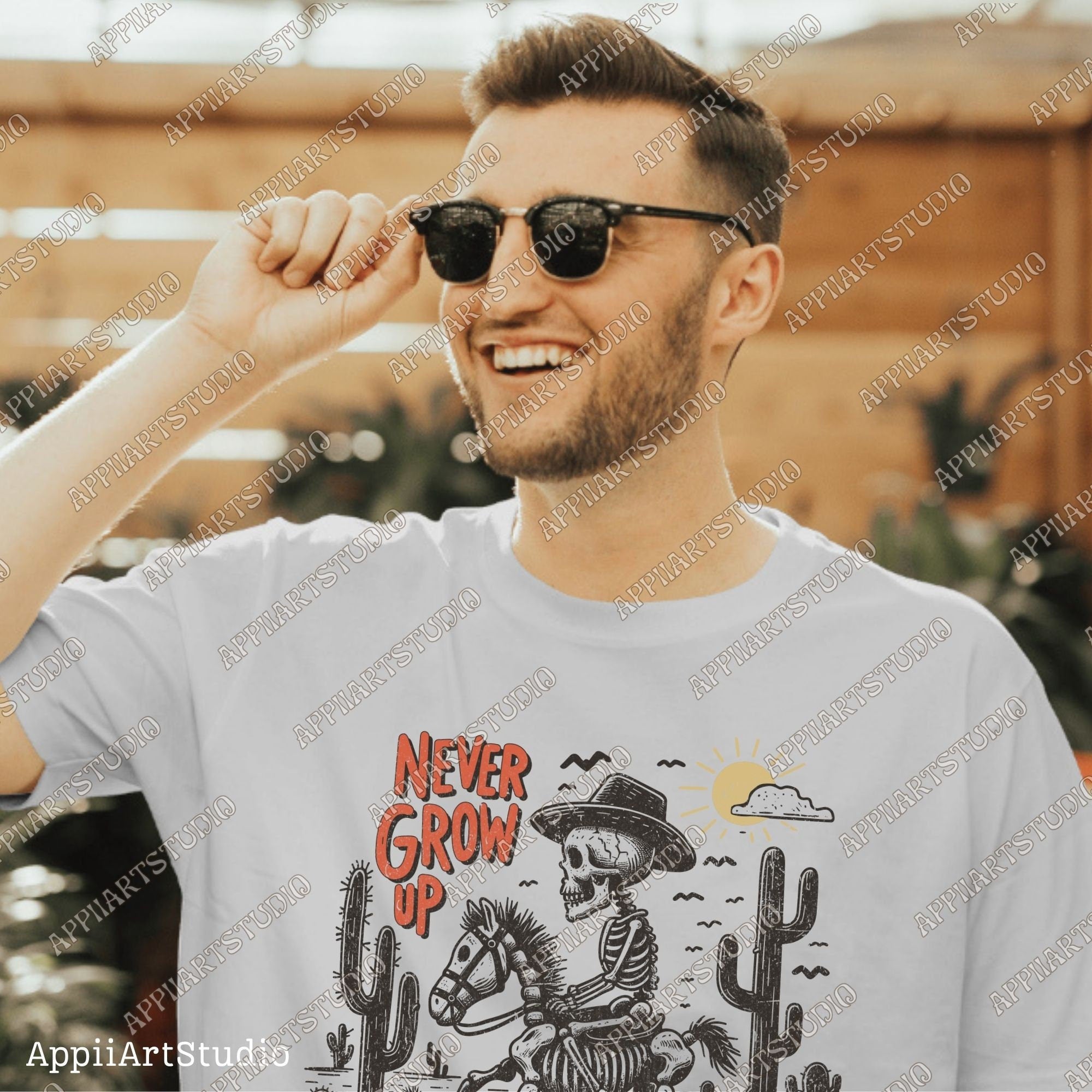 Never Grow Up Skeleton Cowboy PNG, Retro Western PNG, Western Cowboy Skull PNG, Western png, Desert Western Rocking Horse png, Vintage Style
