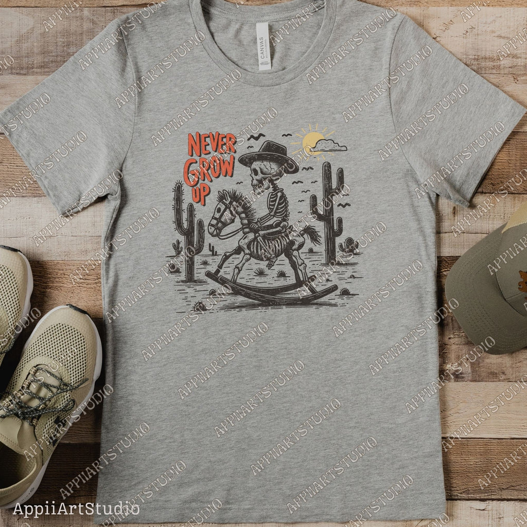 Never Grow Up Skeleton Cowboy PNG, Retro Western PNG, Western Cowboy Skull PNG, Western png, Desert Western Rocking Horse png, Vintage Style