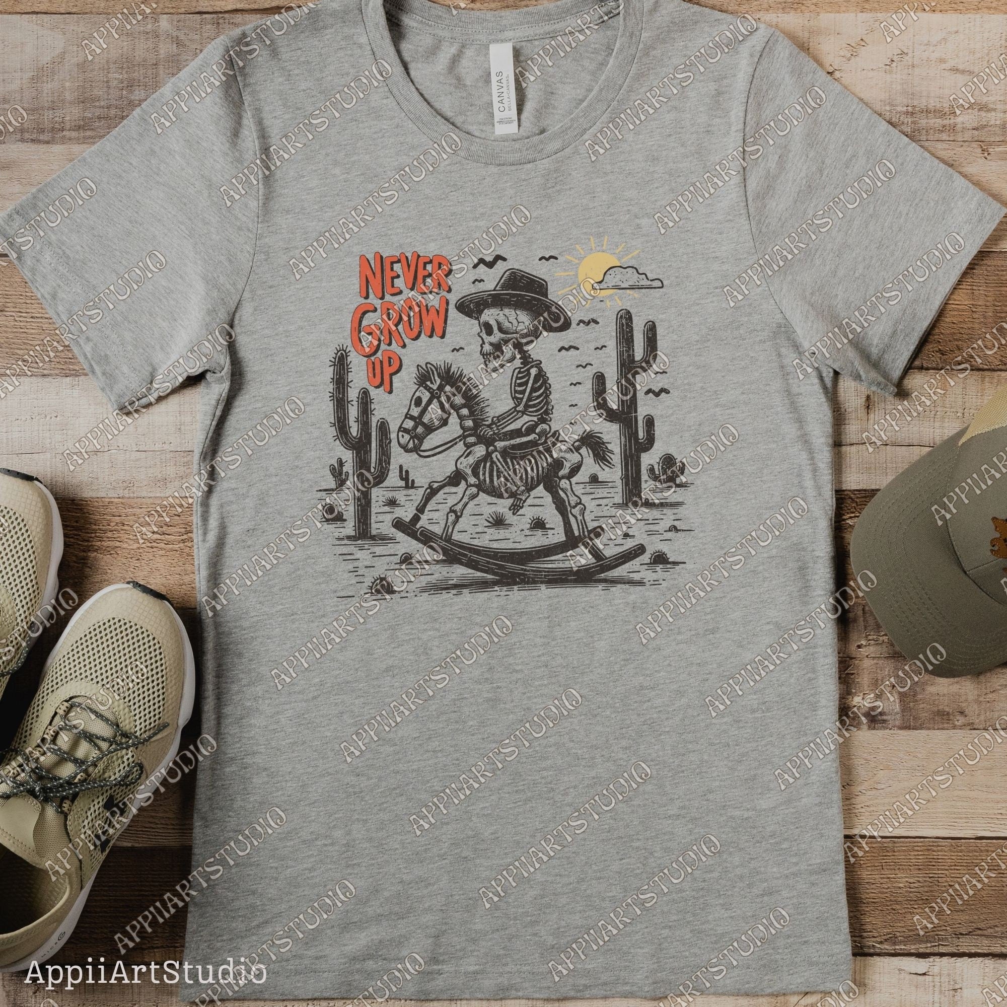 Never Grow Up Skeleton Cowboy PNG, Retro Western PNG, Western Cowboy Skull PNG, Western png, Desert Western Rocking Horse png, Vintage Style