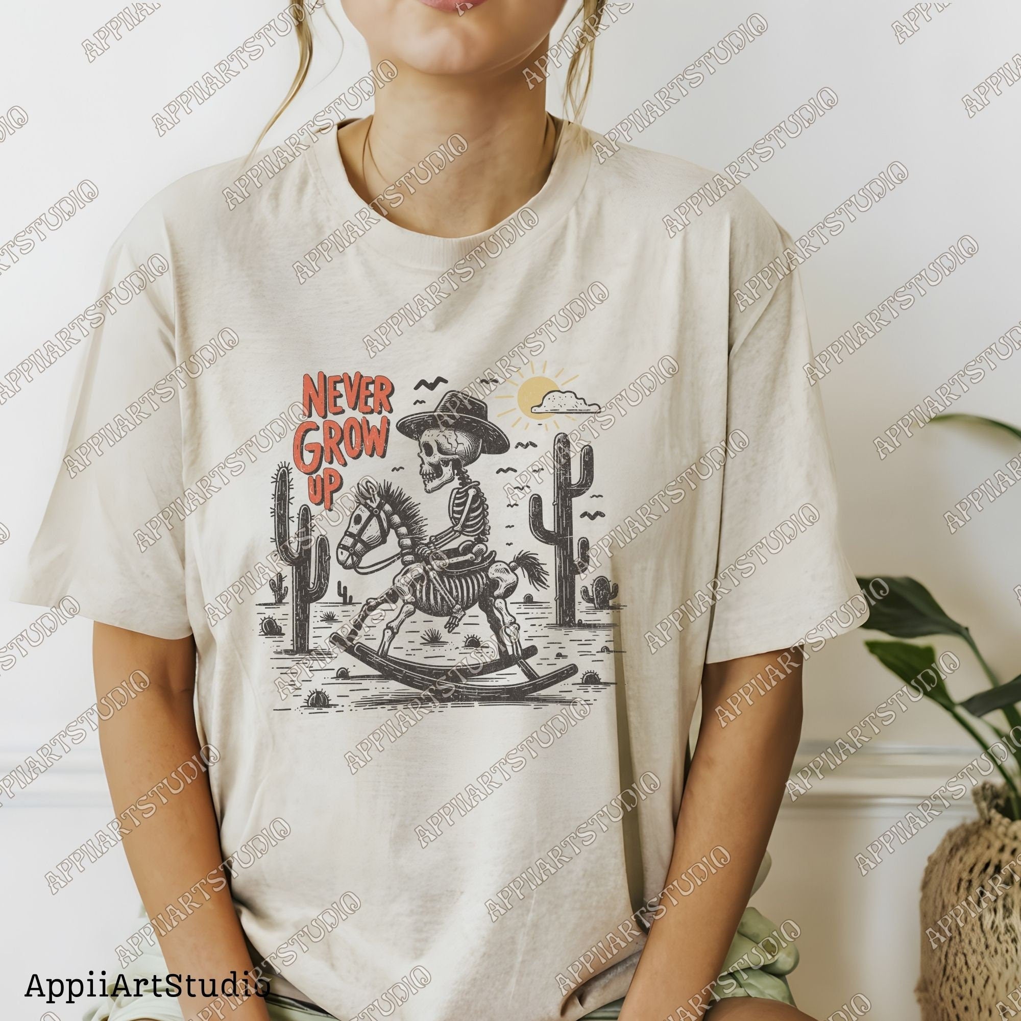 Never Grow Up Skeleton Cowboy PNG, Retro Western PNG, Western Cowboy Skull PNG, Western png, Desert Western Rocking Horse png, Vintage Style