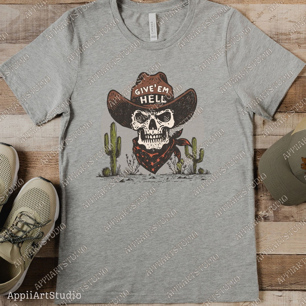 Give'Em Hell Skeleton Cowboy PNG Vintage Boho Western Cowboy Illustration Wild West Retro Western Graphic Transparent PNG Graphic Download