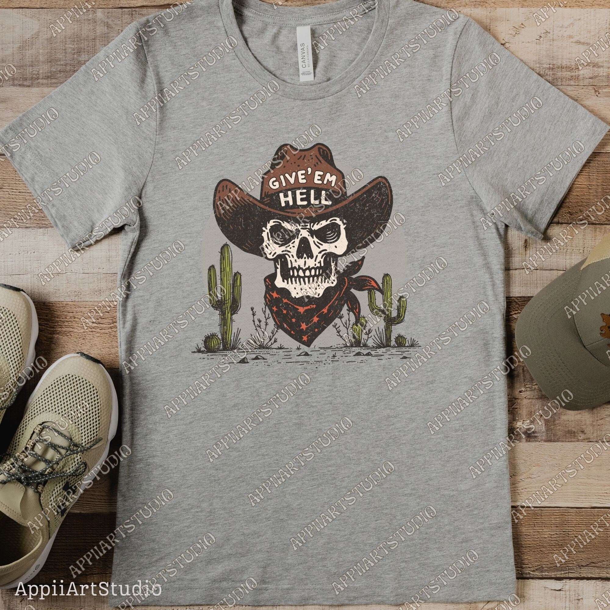 Give'Em Hell Skeleton Cowboy PNG Vintage Boho Western Cowboy Illustration Wild West Retro Western Graphic Transparent PNG Graphic Download