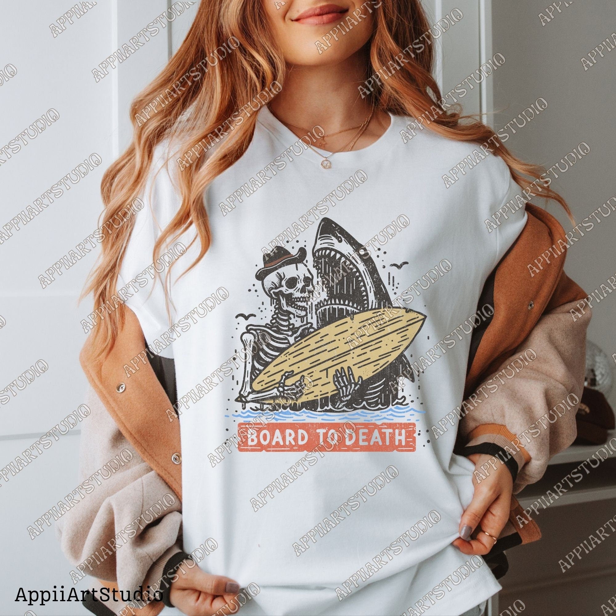 Board to Death Skeleton Surfer and Shark PNG Retro Beach Skeleton Surfer T-Shirt Design, Retro Sublimations, Summer Sublimations Design