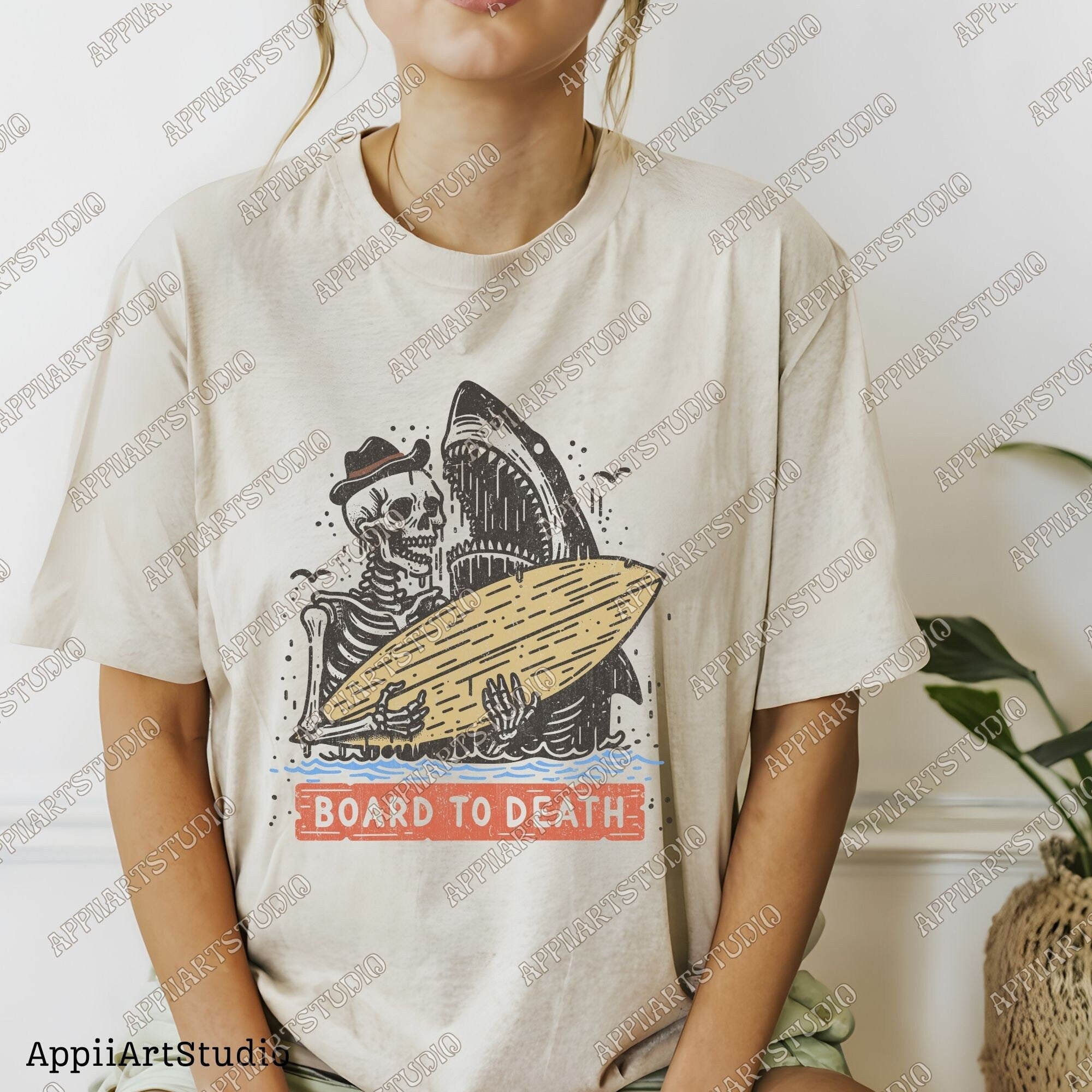 Board to Death Skeleton Surfer and Shark PNG Retro Beach Skeleton Surfer T-Shirt Design, Retro Sublimations, Summer Sublimations Design