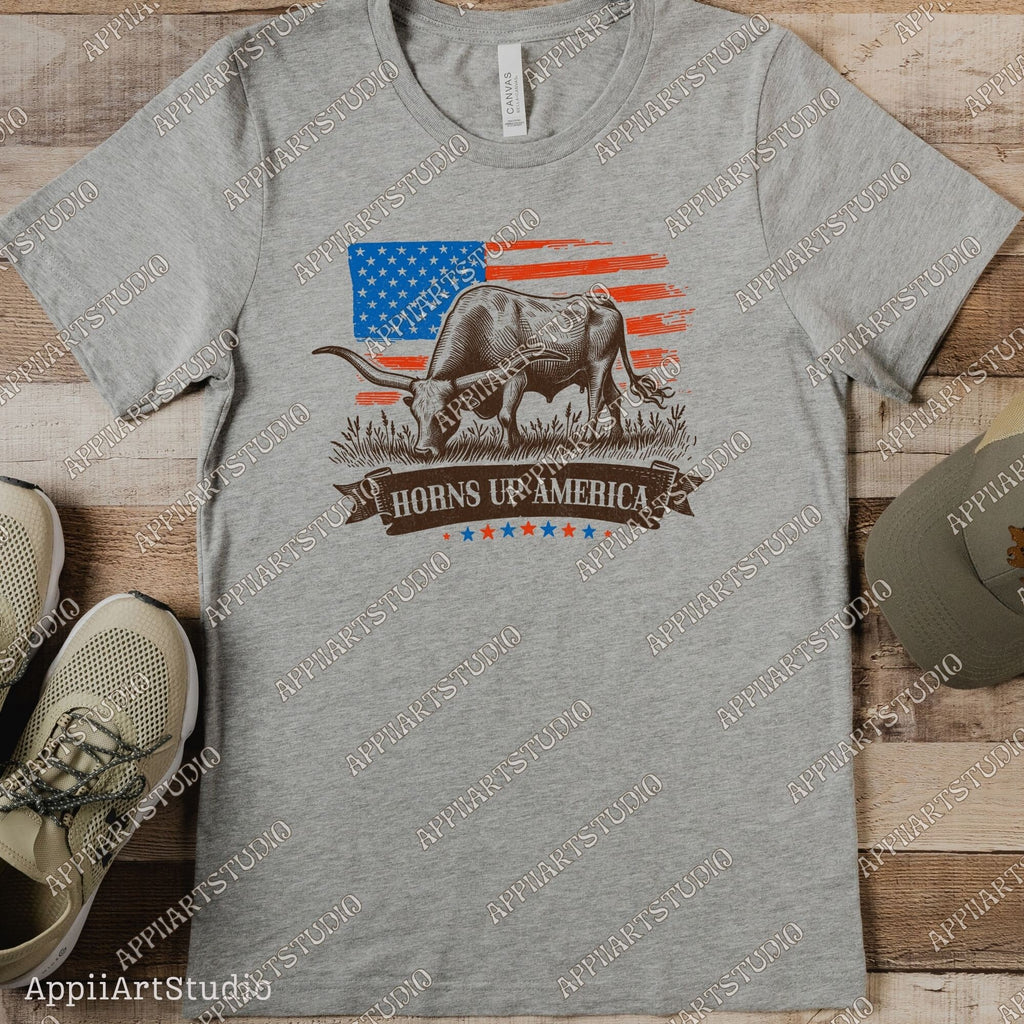 Horns Up America Longhorn and American Flag PNG - Patriotic Western PNG for Memorial & Independence Day, Western Sublimations, Cowboy png