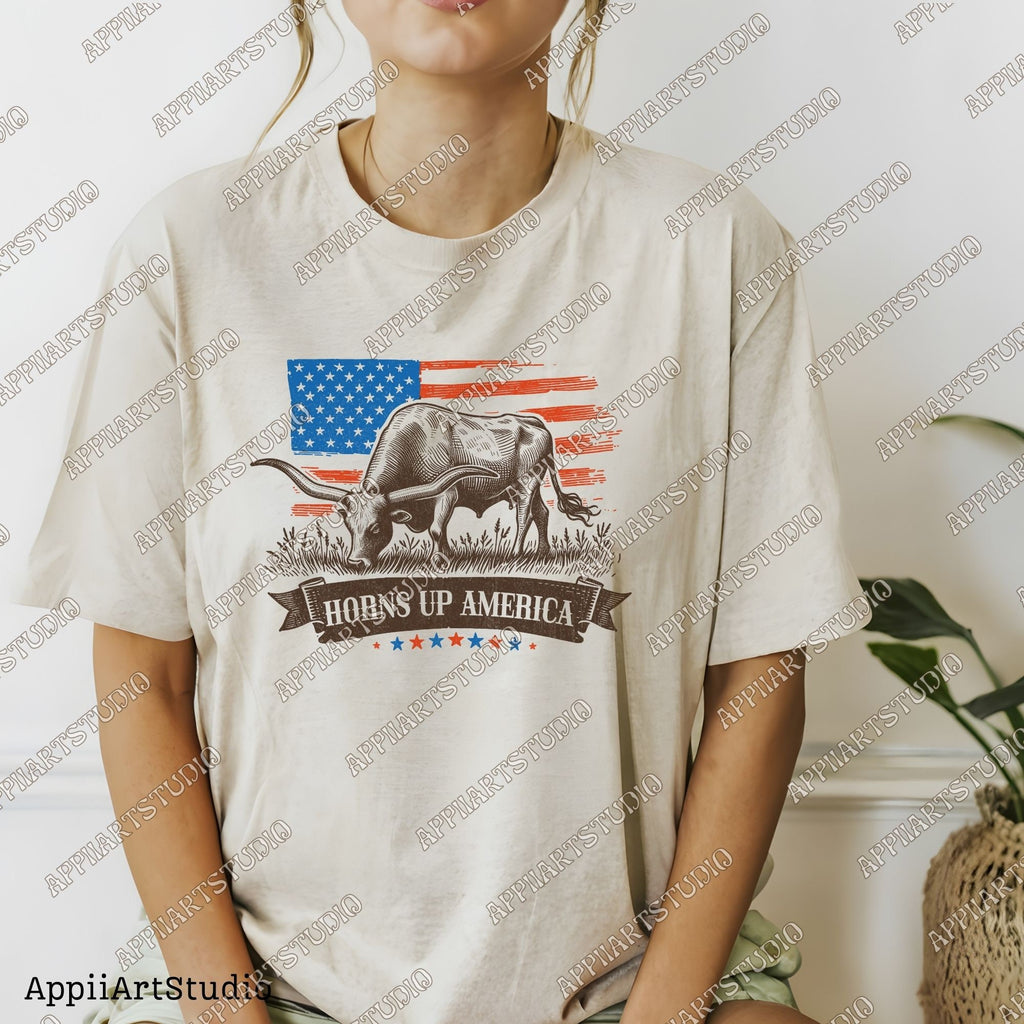Horns Up America Longhorn and American Flag PNG - Patriotic Western PNG for Memorial & Independence Day, Western Sublimations, Cowboy png