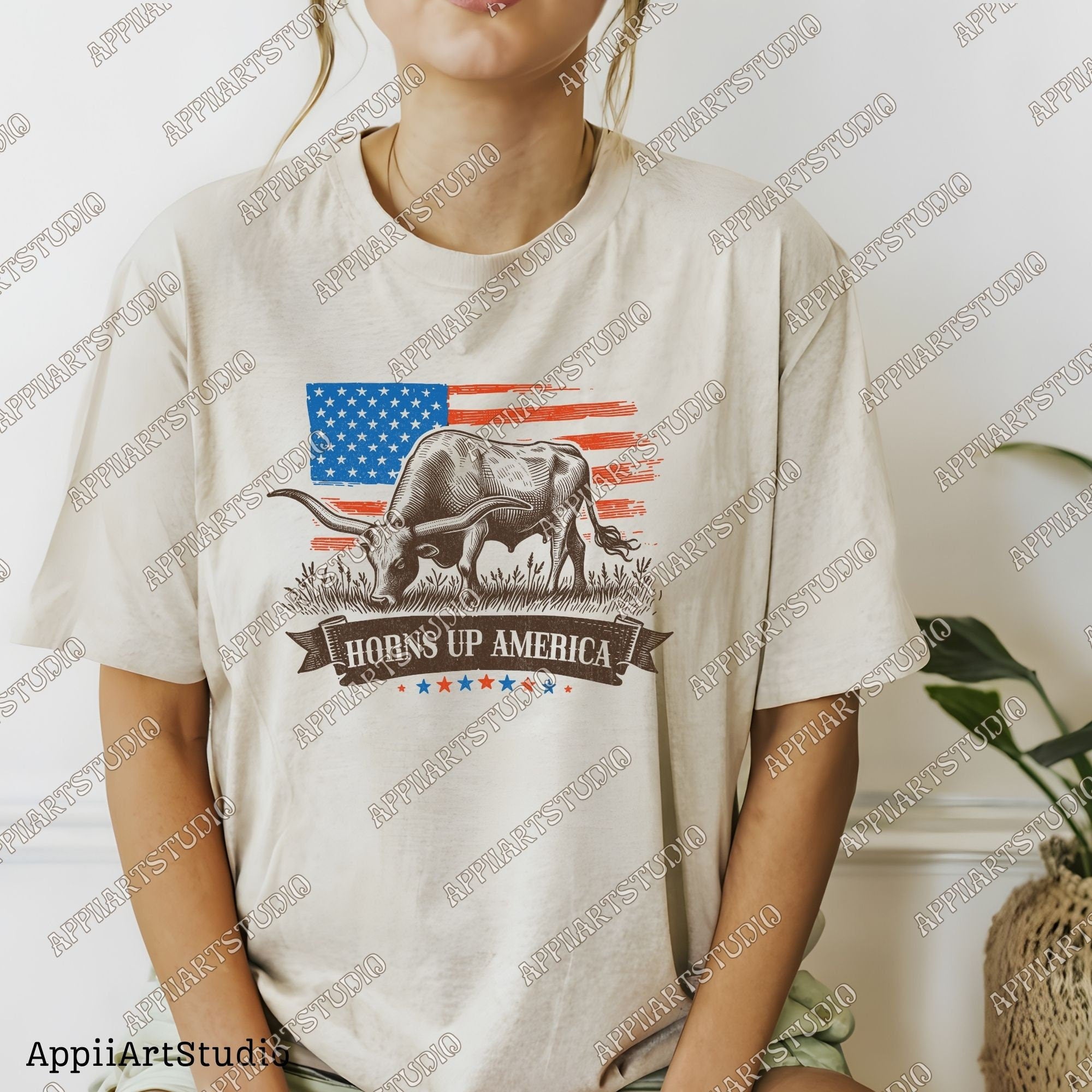 Horns Up America Longhorn and American Flag PNG - Patriotic Western PNG for Memorial & Independence Day, Western Sublimations, Cowboy png