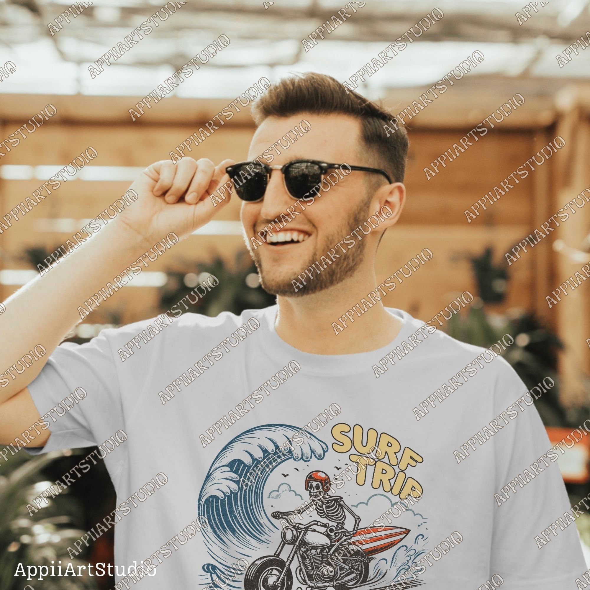 Surf Trip Skeleton on Motorcycle PNG Retro Beach PNG Surfing Rodeo png Cowboy Skeleton on Surfboard Png, Skull Design PNG,Summer Western Png