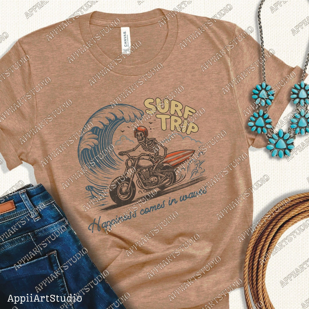 Surf Trip Skeleton on Motorcycle PNG Retro Beach PNG Surfing Rodeo png Cowboy Skeleton on Surfboard Png, Skull Design PNG,Summer Western Png
