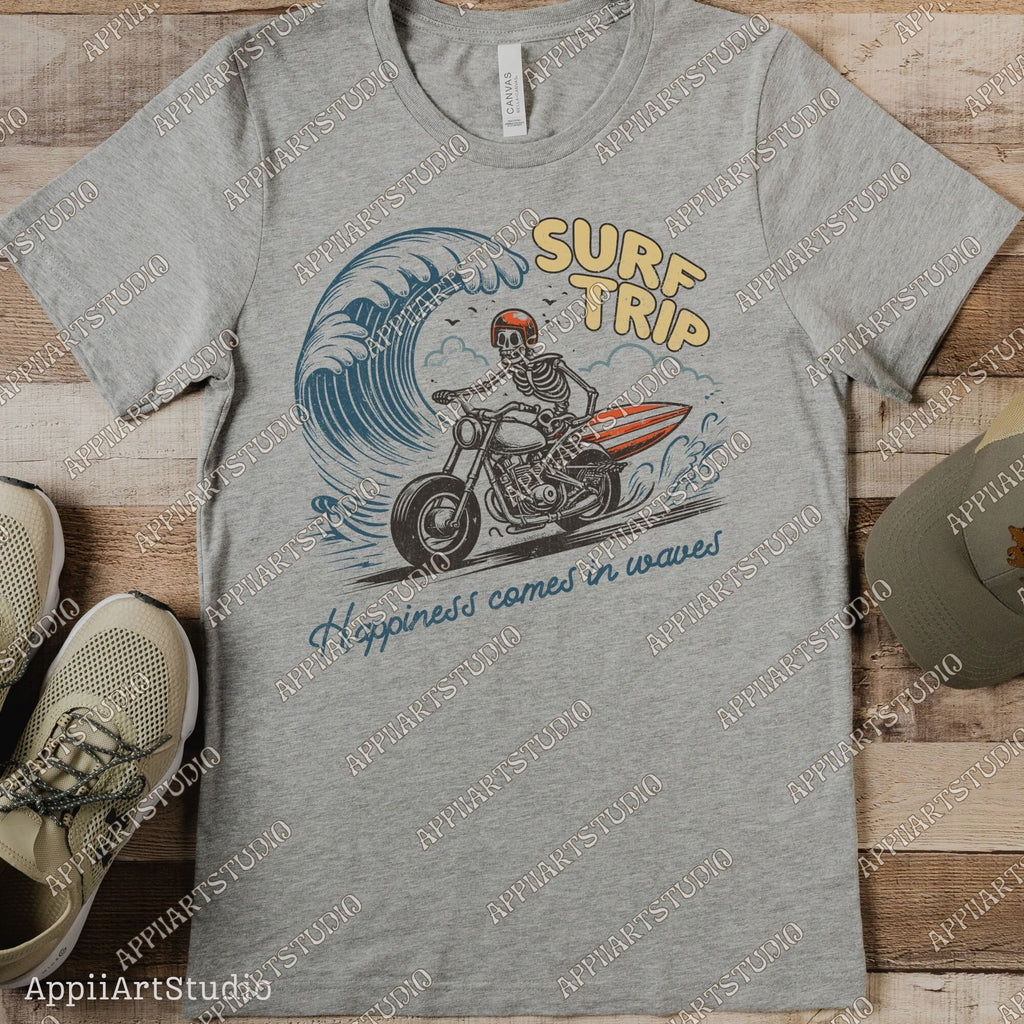 Surf Trip Skeleton on Motorcycle PNG Retro Beach PNG Surfing Rodeo png Cowboy Skeleton on Surfboard Png, Skull Design PNG,Summer Western Png