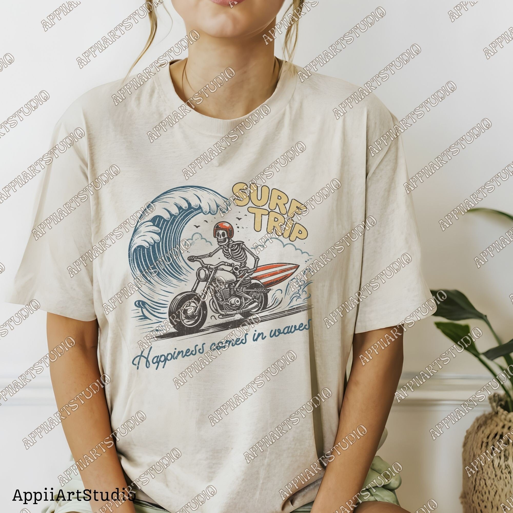 Surf Trip Skeleton on Motorcycle PNG Retro Beach PNG Surfing Rodeo png Cowboy Skeleton on Surfboard Png, Skull Design PNG,Summer Western Png