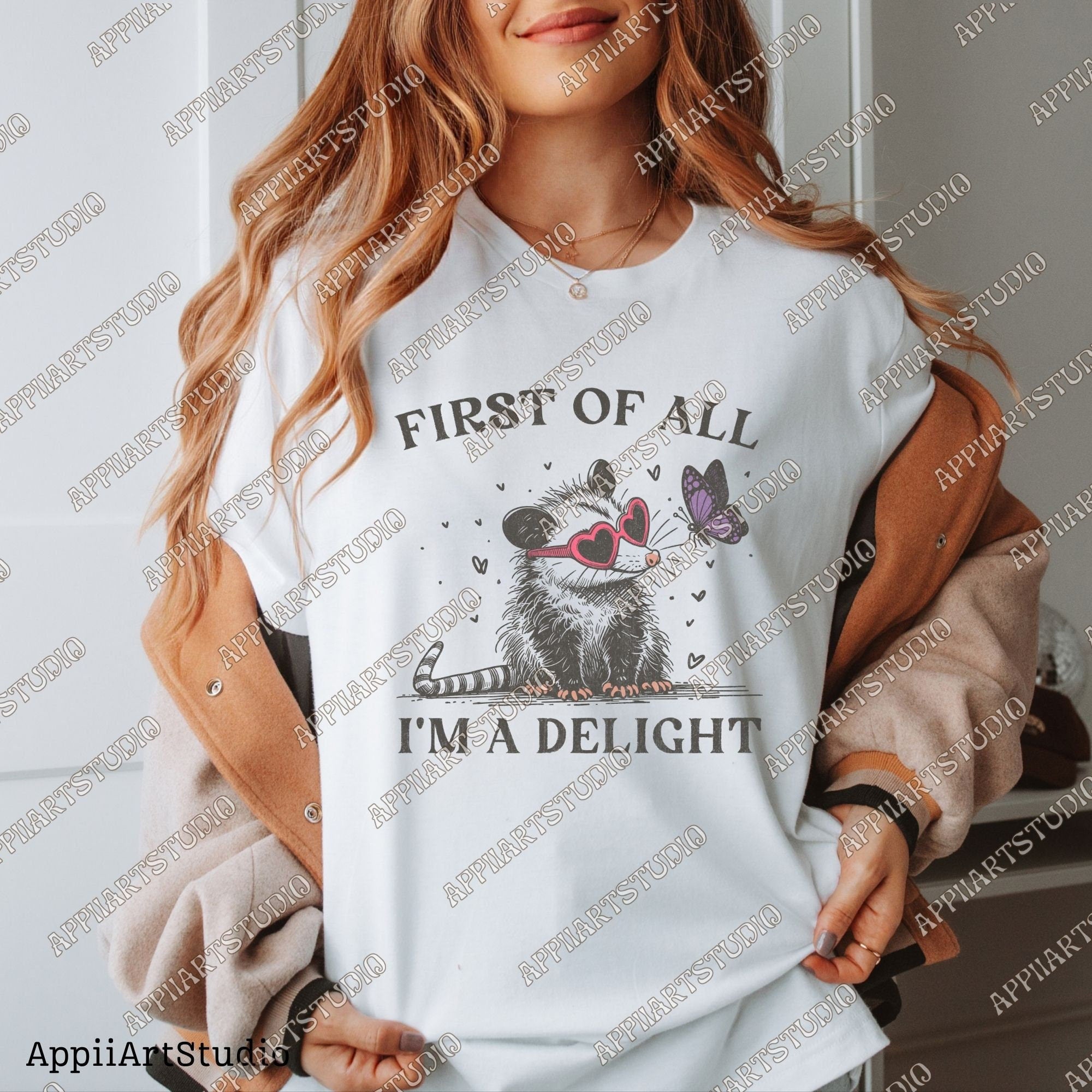 First of All I'm a Delight Sarcastic PNG Files, Cute Anime Funny Possum/Opossum, opossum lovers, Angry Possum graphics, Vintage Shirt Retro