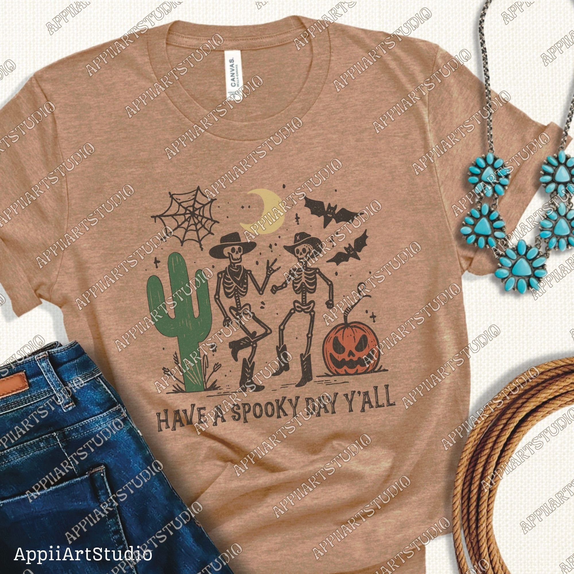 Have a Spooky Day Y'all Skeleton Cowboy PNG, Western Halloween PNG, Western Ghost PNG, Cute Halloween Design,Retro Halloween,Sublimation Png