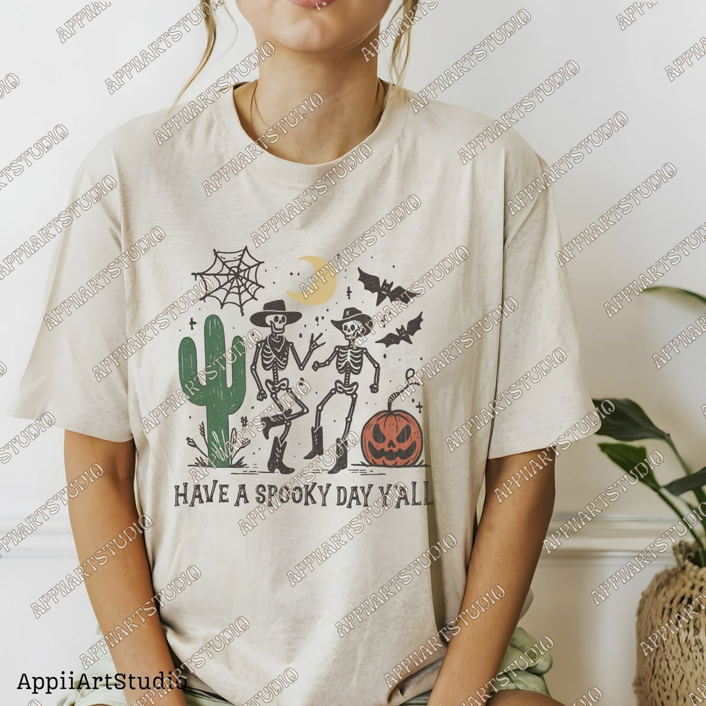 Have a Spooky Day Y'all Skeleton Cowboy PNG, Western Halloween PNG, Western Ghost PNG, Cute Halloween Design,Retro Halloween,Sublimation Png