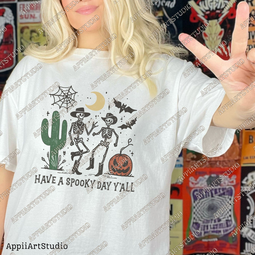 Have a Spooky Day Y'all Skeleton Cowboy PNG, Western Halloween PNG, Western Ghost PNG, Cute Halloween Design,Retro Halloween,Sublimation Png