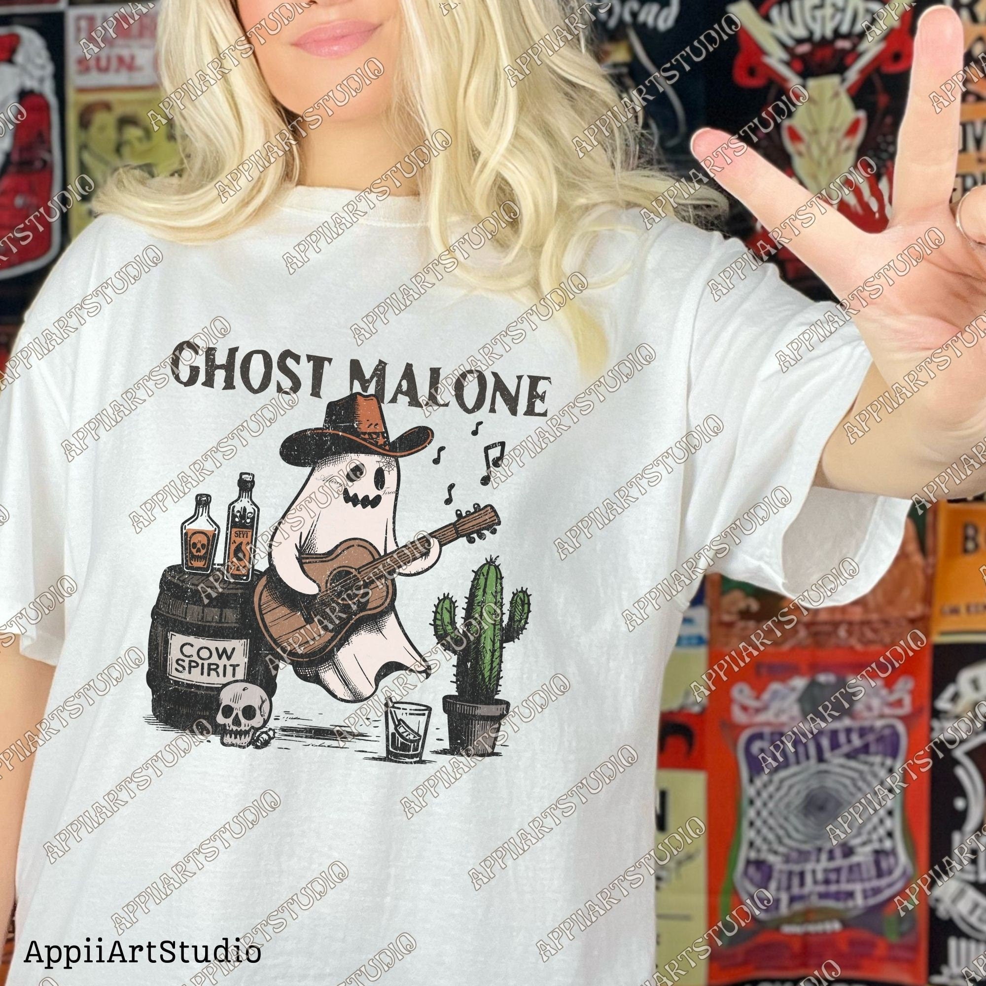 Cowboy Ghost Malone Funny Halloween Western Ghost PNG, Cowboy Skeleton Design, Halloween Music Spirit PNG Spooky Boho Western Halloween Png