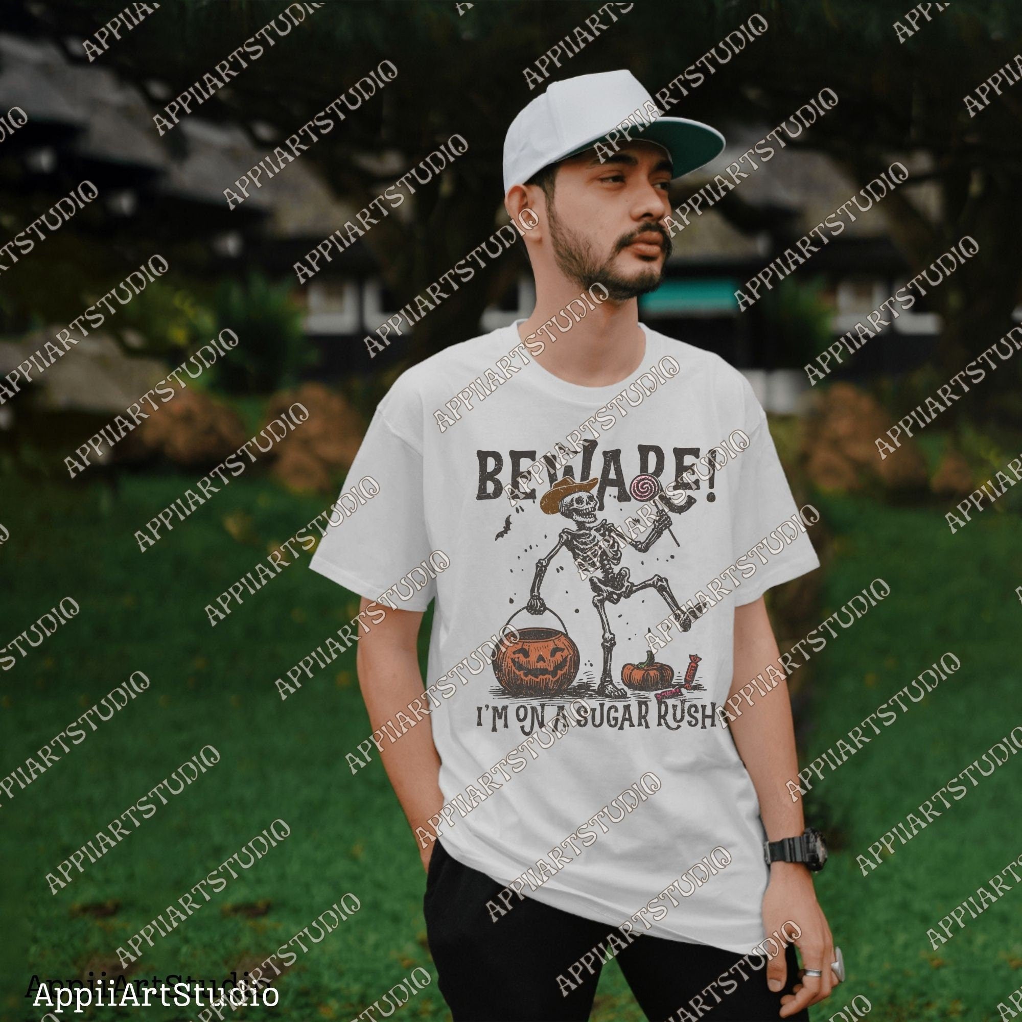 Beware I'm On a Sugar Rush Funny Halloween Skeleton Png Cowboy Trick-or-Treat Design, Halloween Candy Rush Western Ghost Cowboy Skeleton Png