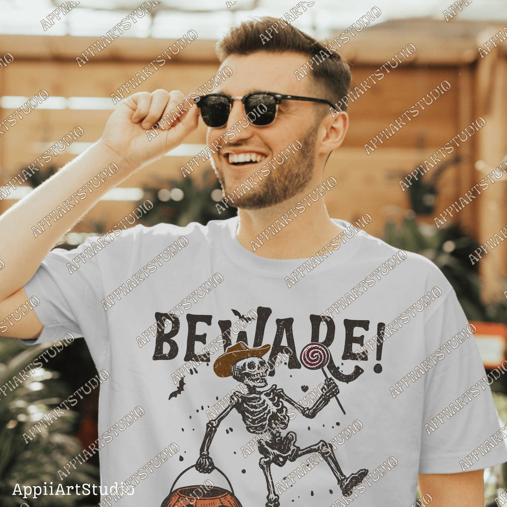 Beware I'm On a Sugar Rush Funny Halloween Skeleton Png Cowboy Trick-or-Treat Design, Halloween Candy Rush Western Ghost Cowboy Skeleton Png