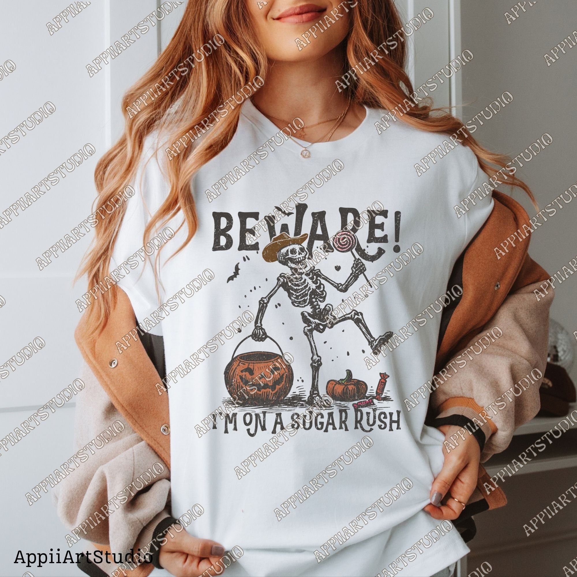 Beware I'm On a Sugar Rush Funny Halloween Skeleton Png Cowboy Trick-or-Treat Design, Halloween Candy Rush Western Ghost Cowboy Skeleton Png