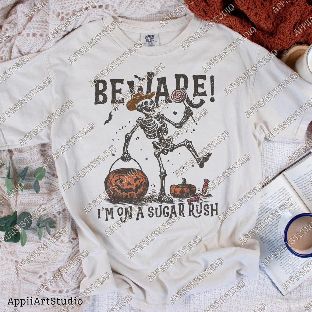 Beware I'm On a Sugar Rush Funny Halloween Skeleton Png Cowboy Trick-or-Treat Design, Halloween Candy Rush Western Ghost Cowboy Skeleton Png