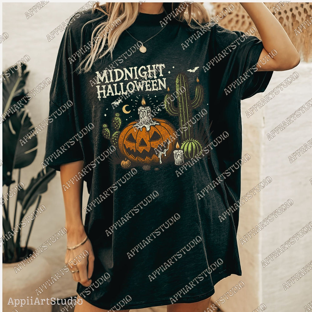 Midnight Halloween PNG, Halloween png, Halloween Shirt png, Retro Halloween png, Halloween Cactus Pumpkin png, Fall png, Sublimation designs