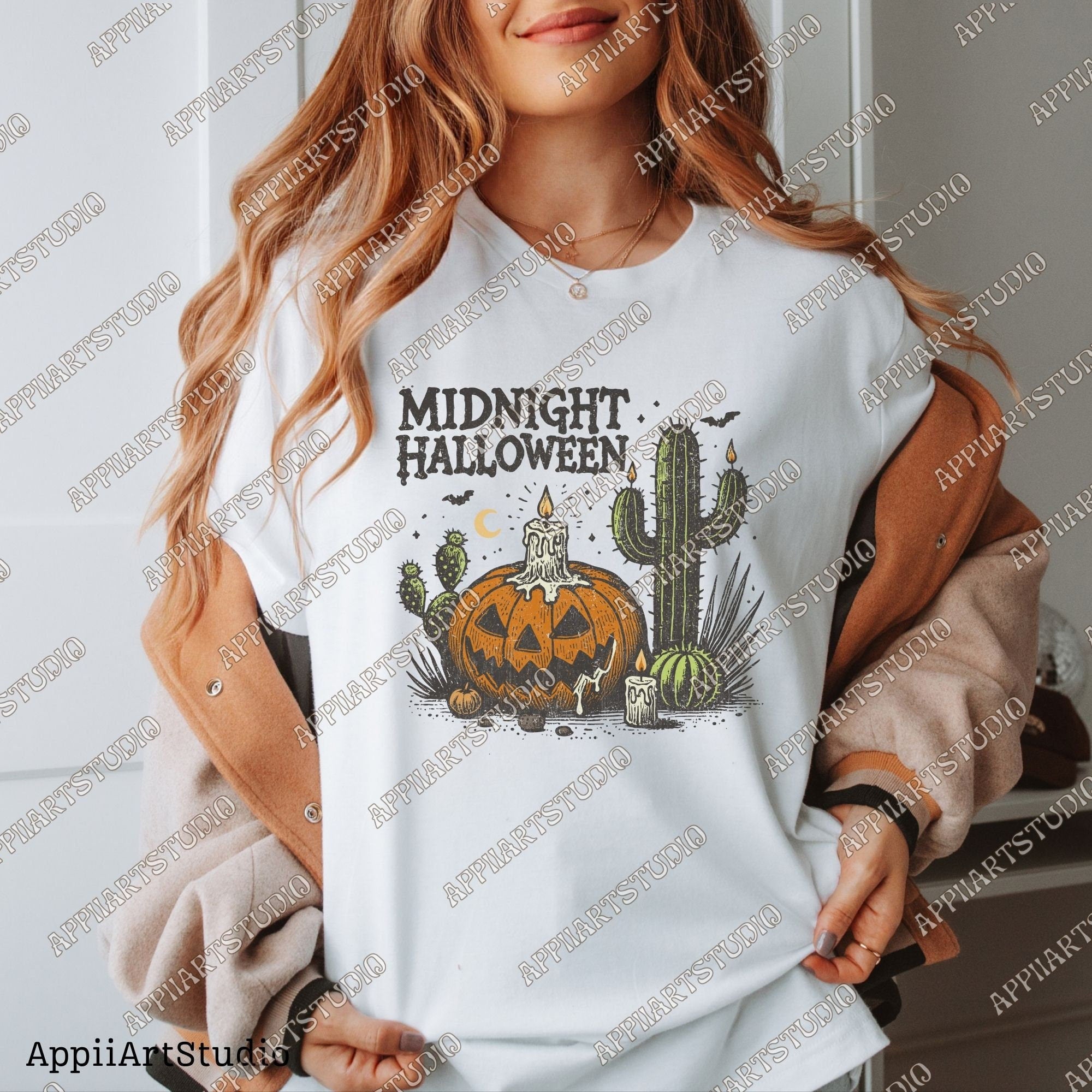 Midnight Halloween PNG, Halloween png, Halloween Shirt png, Retro Halloween png, Halloween Cactus Pumpkin png, Fall png, Sublimation designs