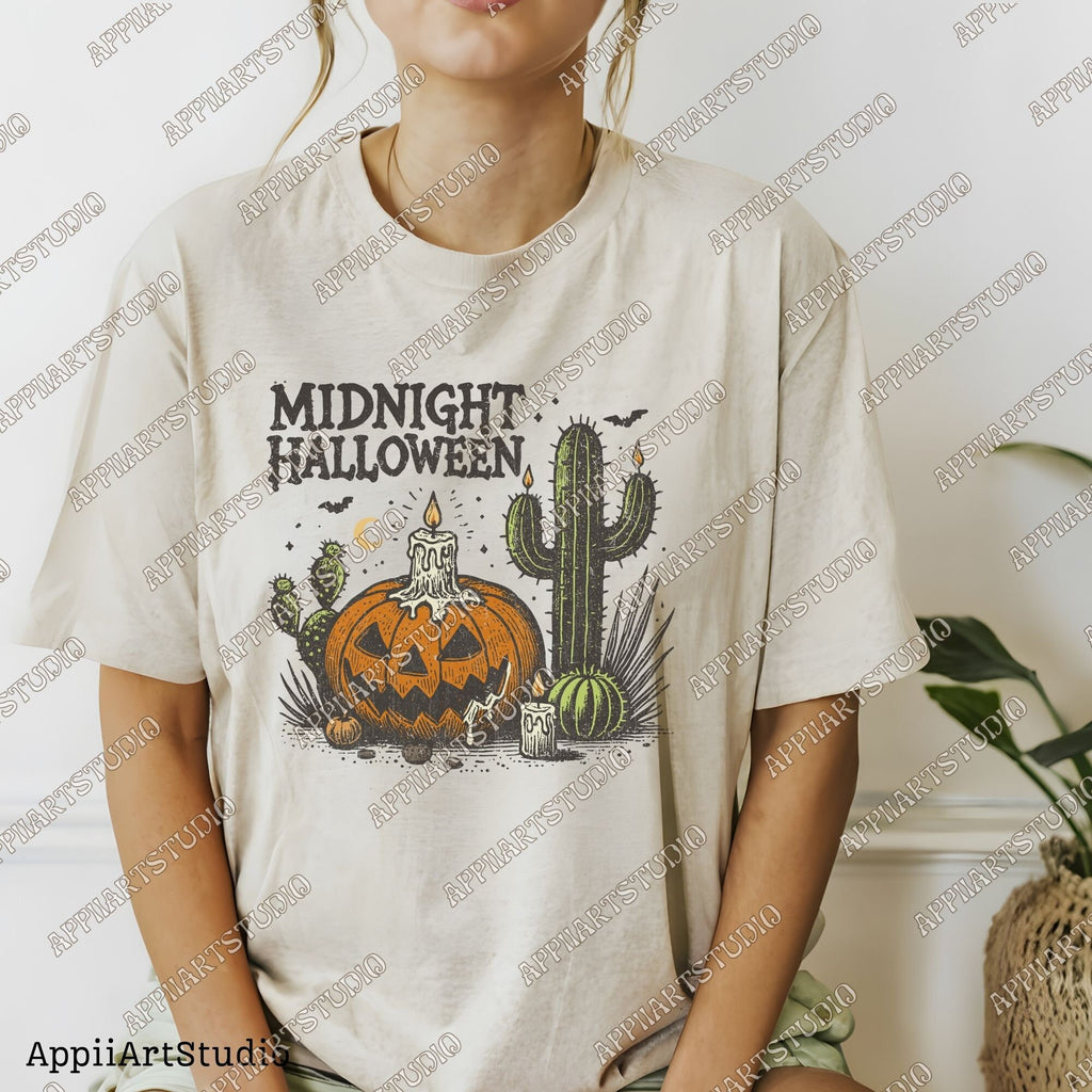 Midnight Halloween PNG, Halloween png, Halloween Shirt png, Retro Halloween png, Halloween Cactus Pumpkin png, Fall png, Sublimation designs