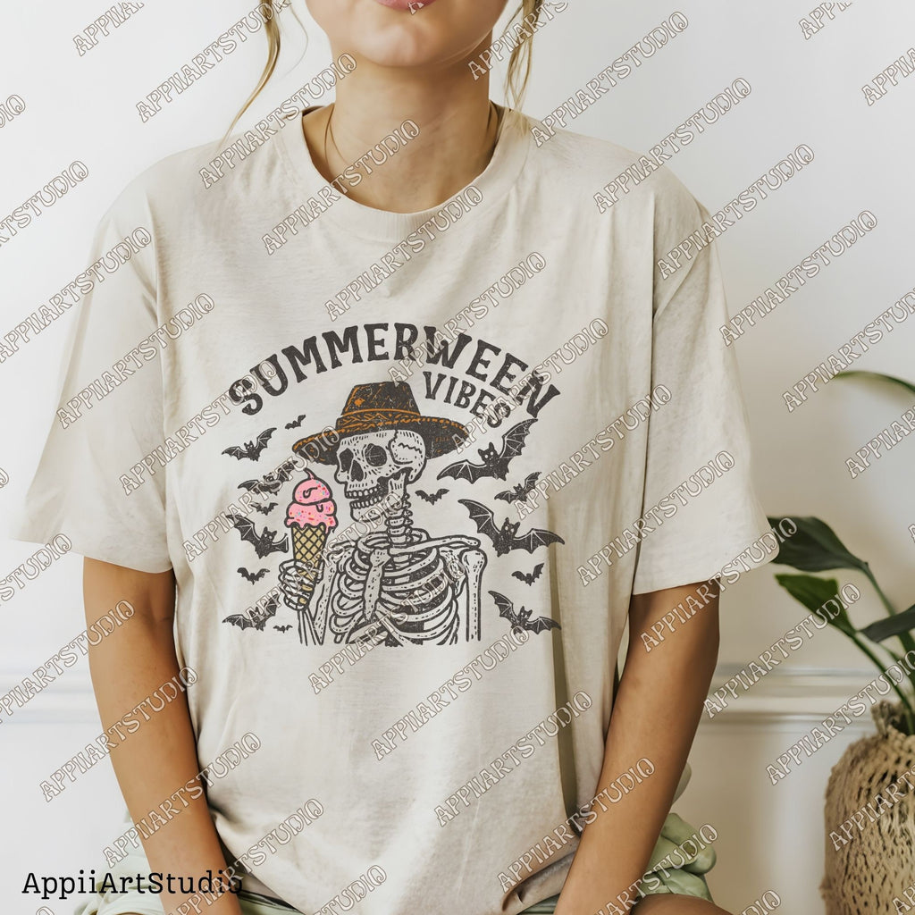 Summerween Vibes Png, Skeleton with icecream Png, Spooky Summer Png, Summer Vibes Skeleton, Funny Skeleton Beach Png, summertime western png