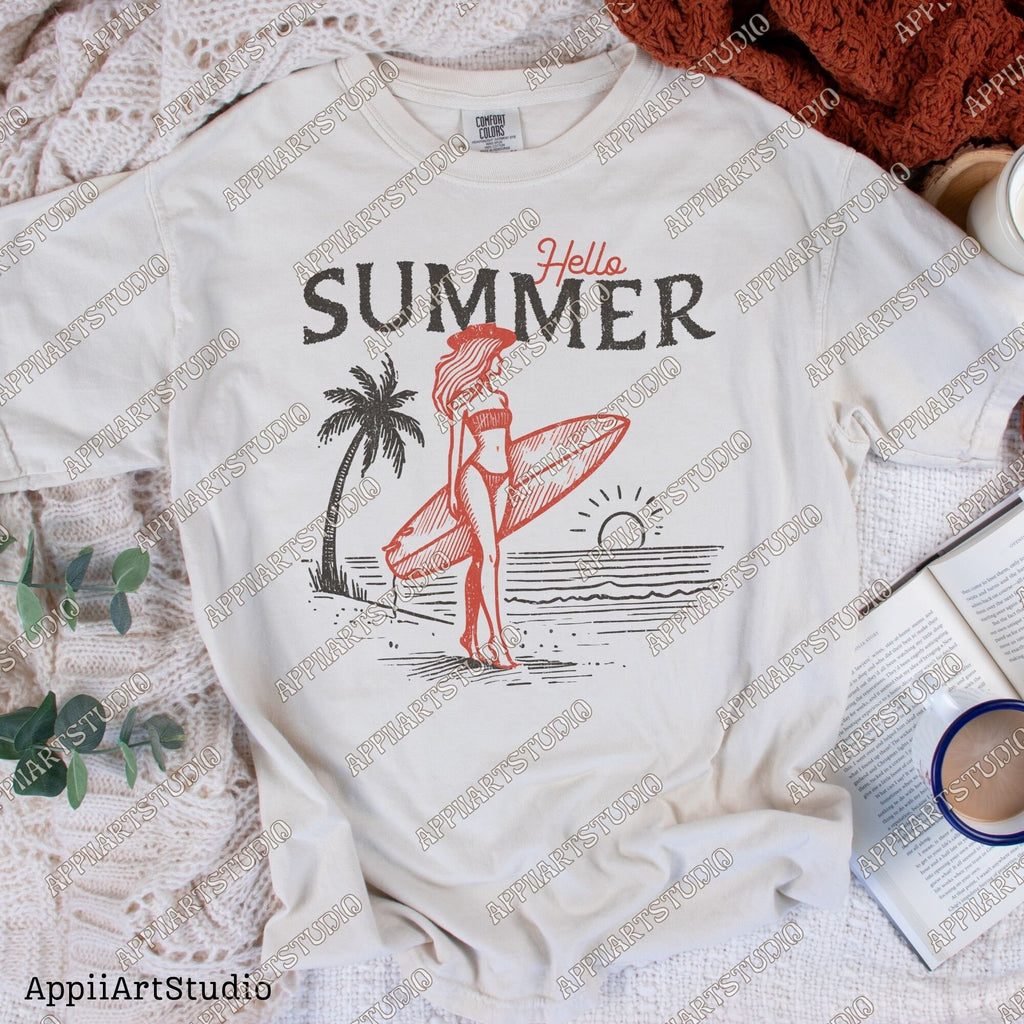 Hello Summer Surfer Girl PNG - Beach Sunset Surfing Art - Good Vibes Only - Summer Beach - summertime western png - Digital Download