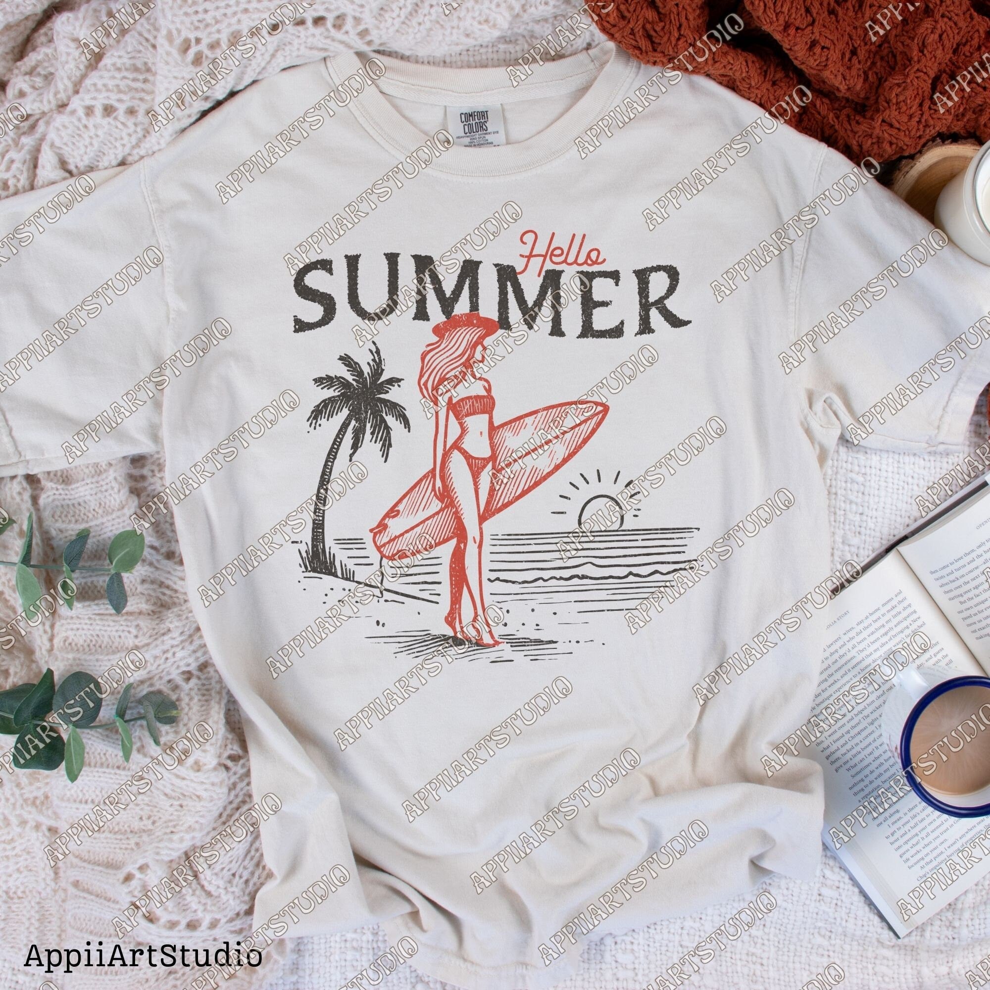 Hello Summer Surfer Girl PNG - Beach Sunset Surfing Art - Good Vibes Only - Summer Beach - summertime western png - Digital Download