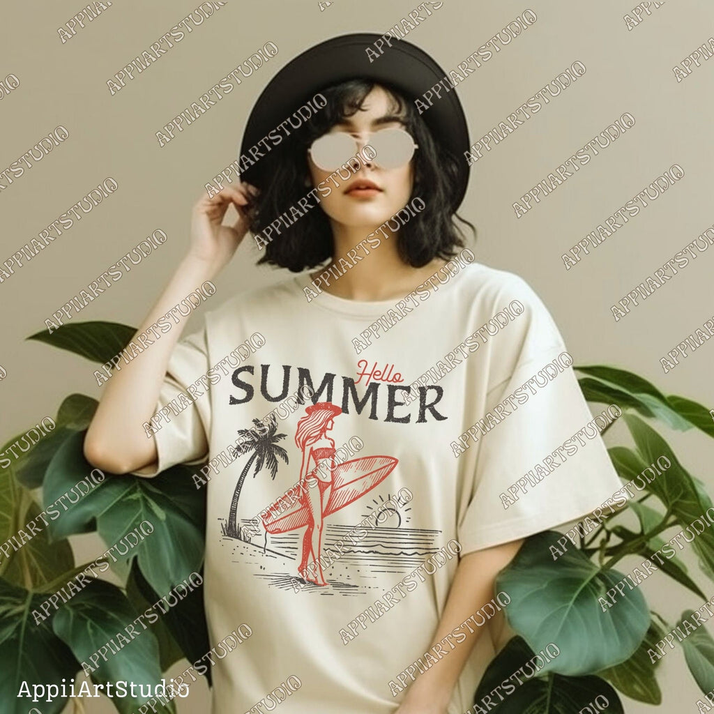 Hello Summer Surfer Girl PNG - Beach Sunset Surfing Art - Good Vibes Only - Summer Beach - summertime western png - Digital Download