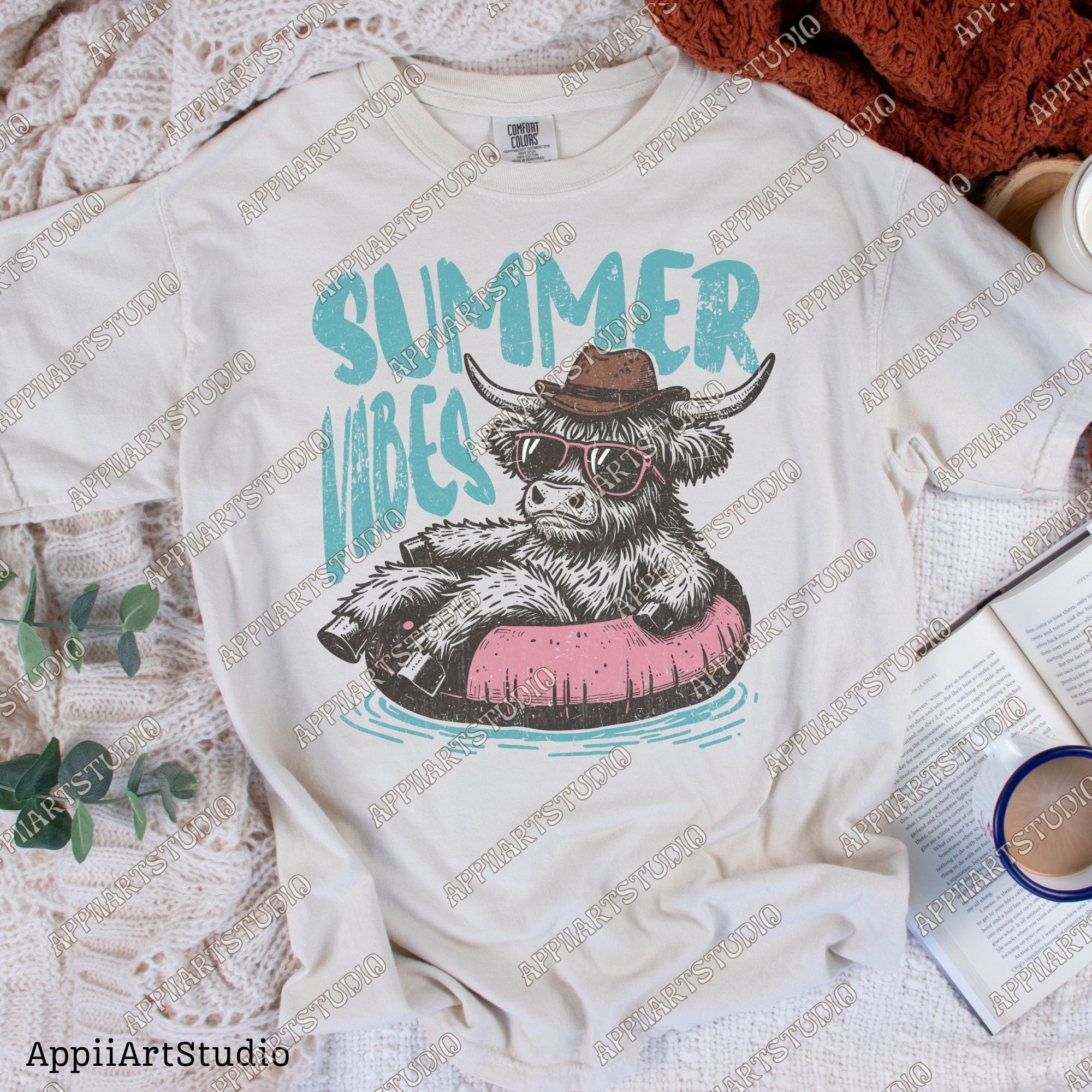 Summer vibes Png, Highland cowboy design Png, Retro summer shirt design, Funny beach shirt print, Summer sublimation design, Beach graphic