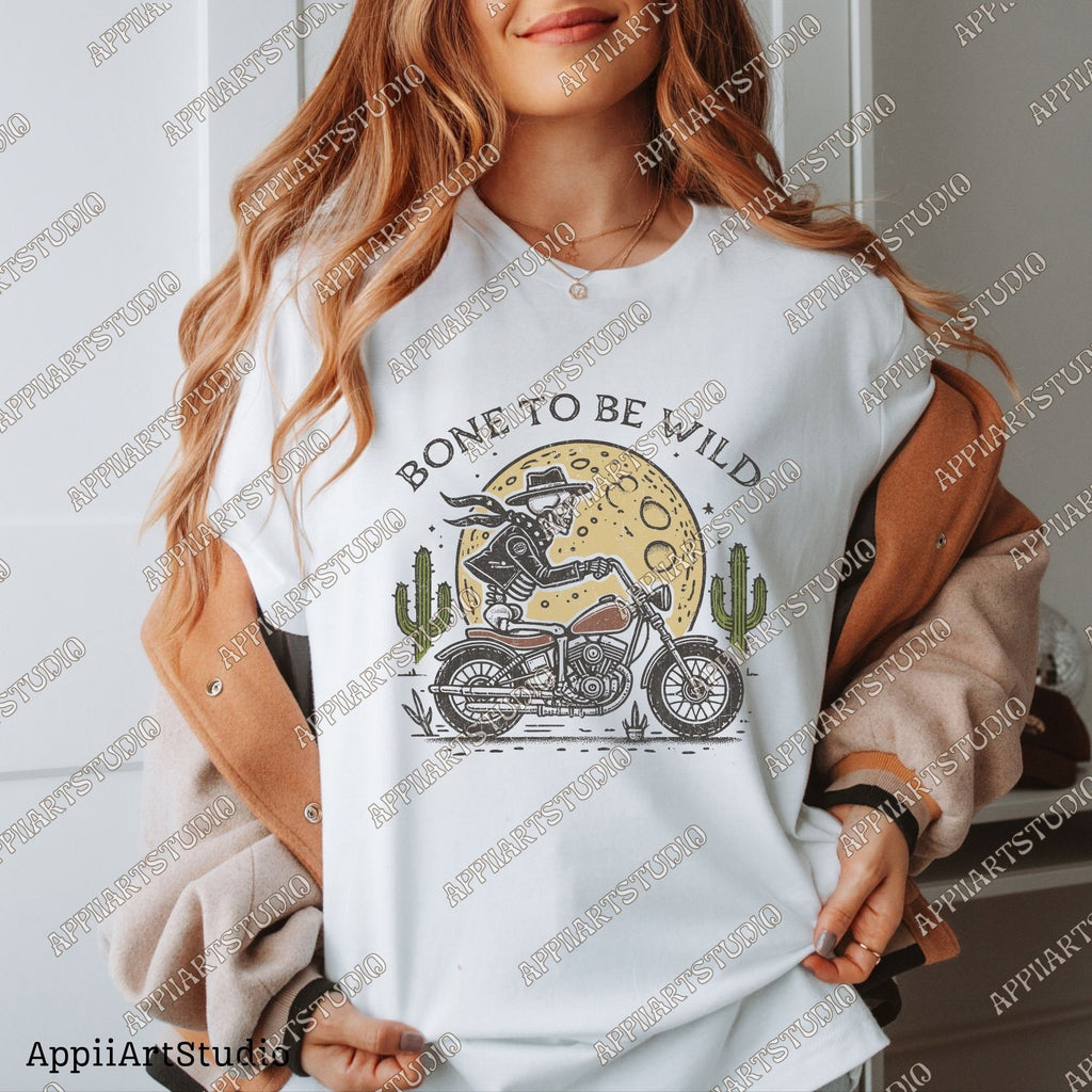 Born to Be Wild Skeleton Halloween Motorcycle Biker Western Cowboy Skull Design PNG Vintage Style PNG Digital Download Sublimation Design