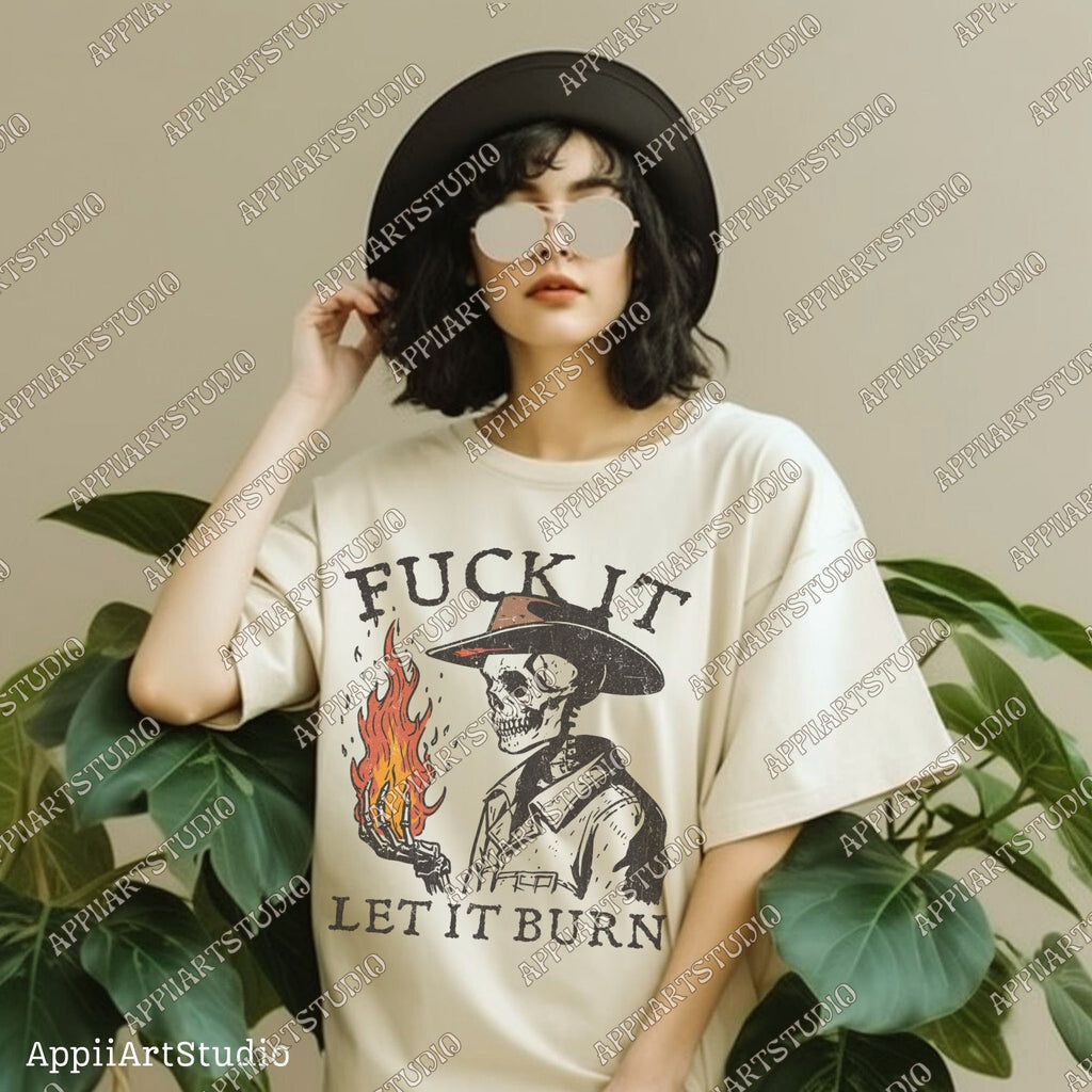 Let It Burn Png, Western Cowboy Skull Design PNG, Western PNG, Vintage Style PNG, Western Design, Desert Western Png, Hand drawn Png