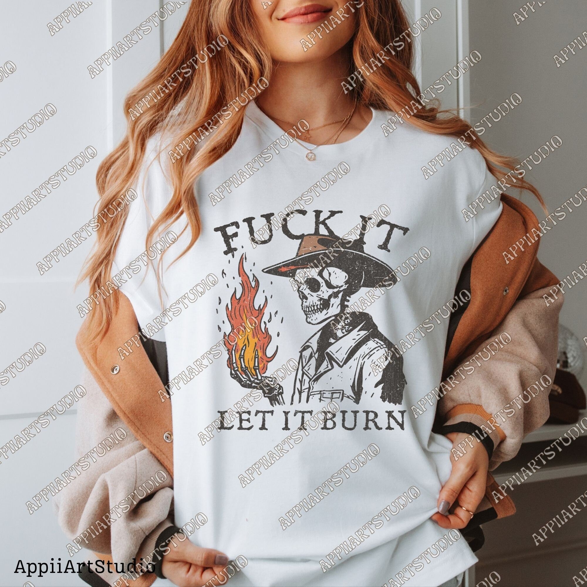 Let It Burn Png, Western Cowboy Skull Design PNG, Western PNG, Vintage Style PNG, Western Design, Desert Western Png, Hand drawn Png