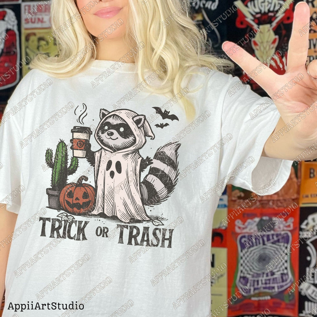 Trick or Trash Png, Funny Racoon trash panda Halloween Png, Spooky Png Vintage Coffee Halloween Shirt png halloween raccoon Png halloweeners