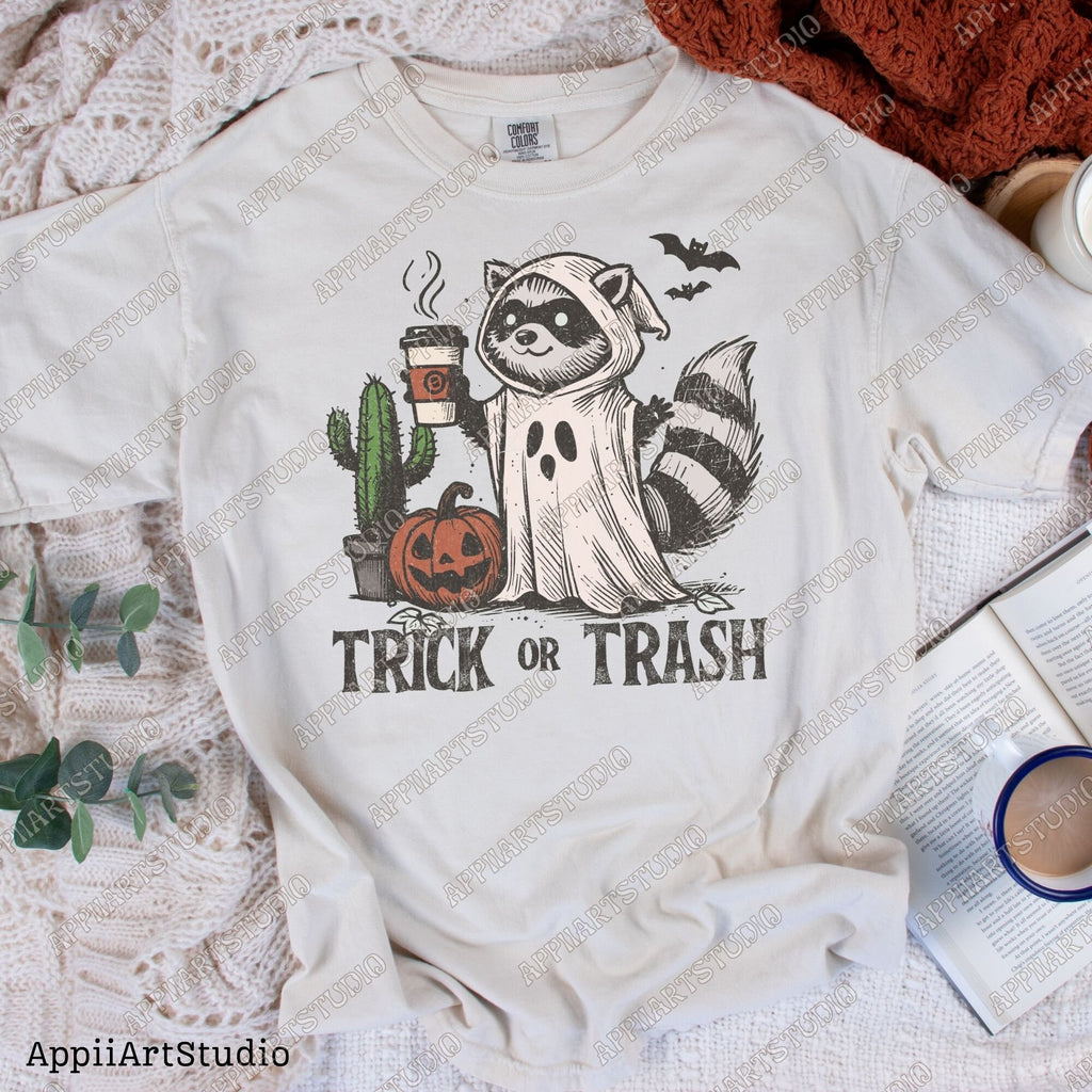 Trick or Trash Png, Funny Racoon trash panda Halloween Png, Spooky Png Vintage Coffee Halloween Shirt png halloween raccoon Png halloweeners