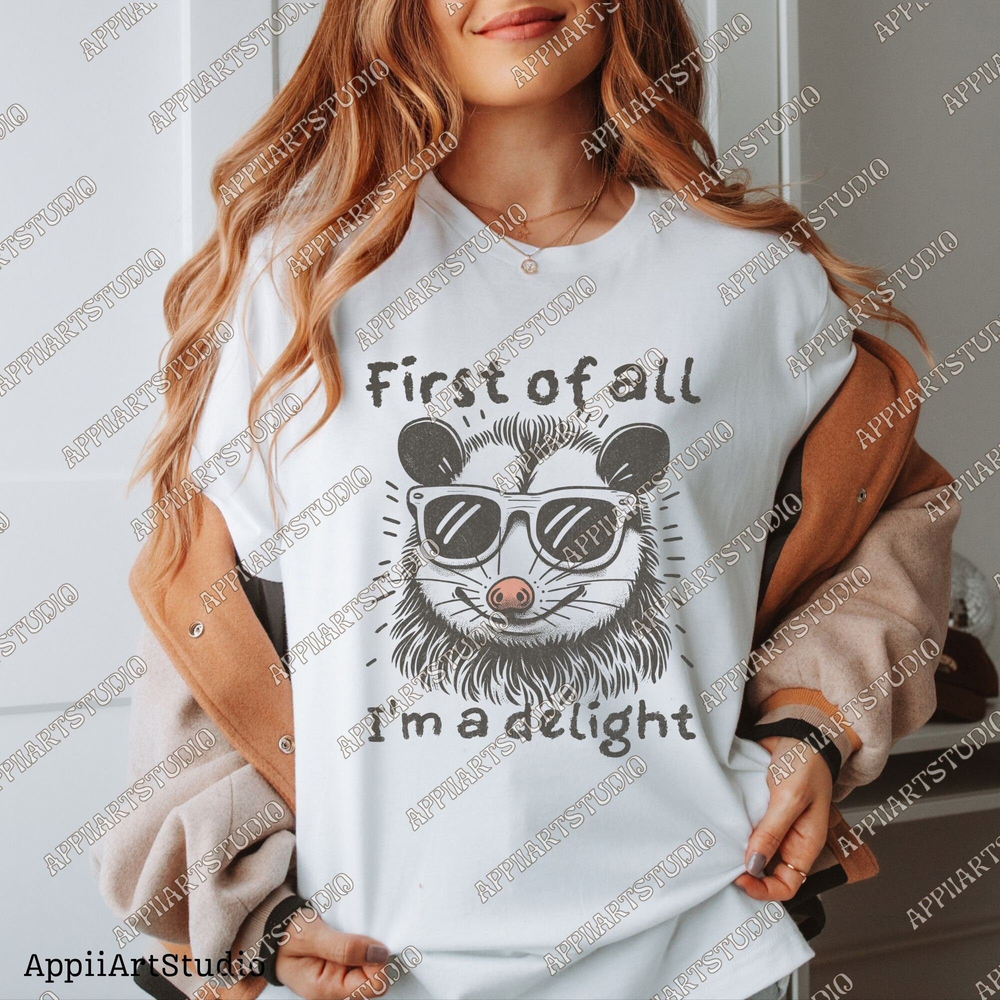 First of All I'm a Delight Sarcastic PNG Files, Cute Anime Funny Possum/Opossum, opossum lovers, Angry Possum graphics, Vintage Shirt Retro