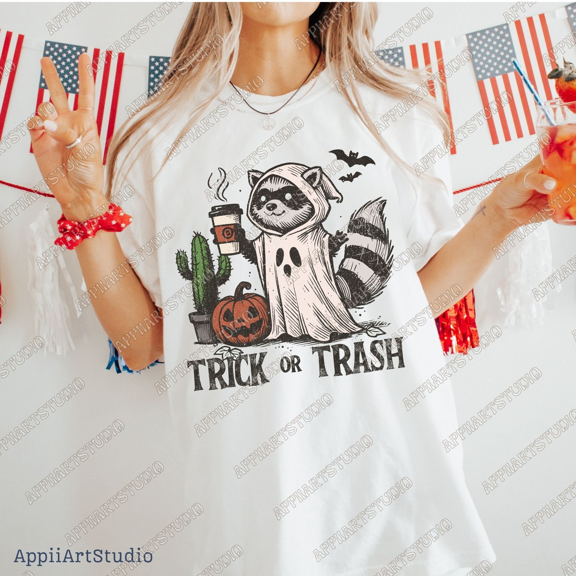 Trick or Trash Png, Funny Racoon trash panda Halloween Png, Spooky Png Vintage Coffee Halloween Shirt png halloween raccoon Png halloweeners