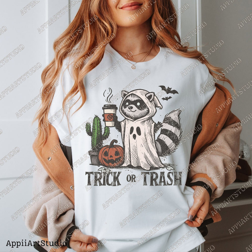 Trick or Trash Png, Funny Racoon trash panda Halloween Png, Spooky Png Vintage Coffee Halloween Shirt png halloween raccoon Png halloweeners