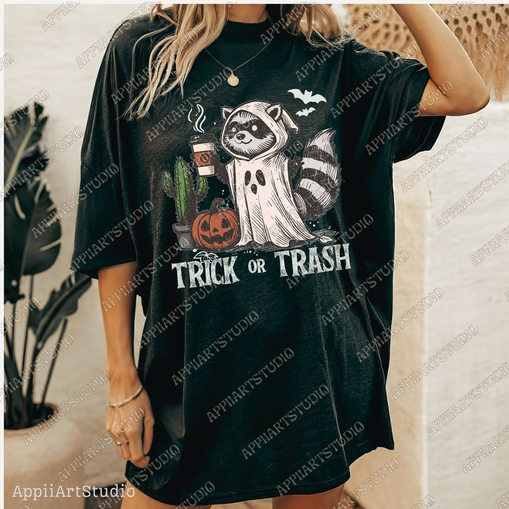 Trick or Trash Png, Funny Racoon trash panda Halloween Png, Spooky Png Vintage Coffee Halloween Shirt png halloween raccoon Png halloweeners