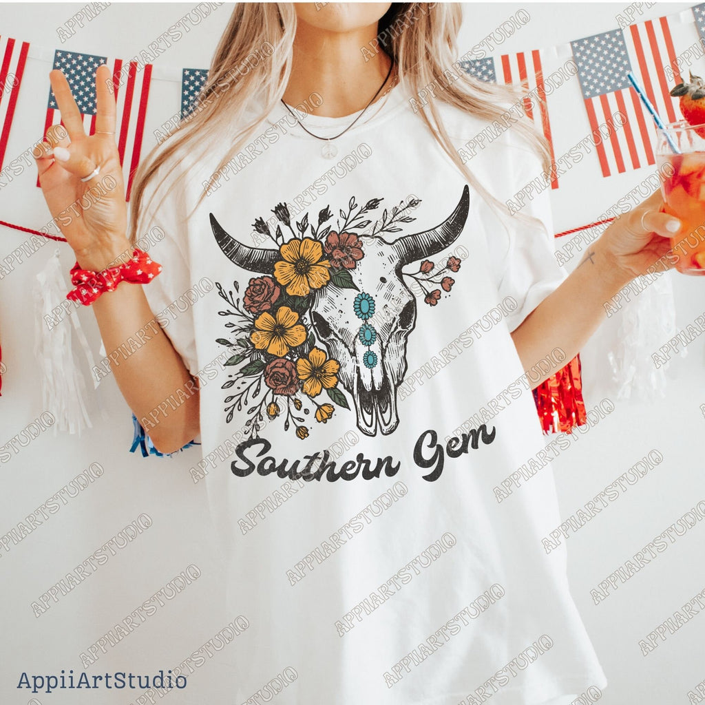 Floral Cow Skull PNG: Turquoise Gem, Western Design (Digital Download)