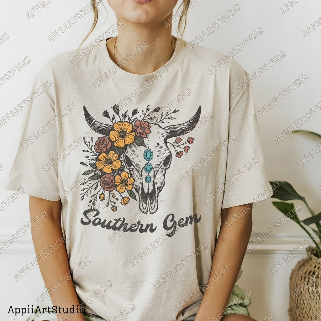 Floral Cow Skull PNG: Turquoise Gem, Western Design (Digital Download)