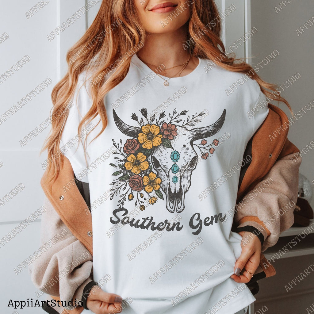 Floral Cow Skull PNG: Turquoise Gem, Western Design (Digital Download)