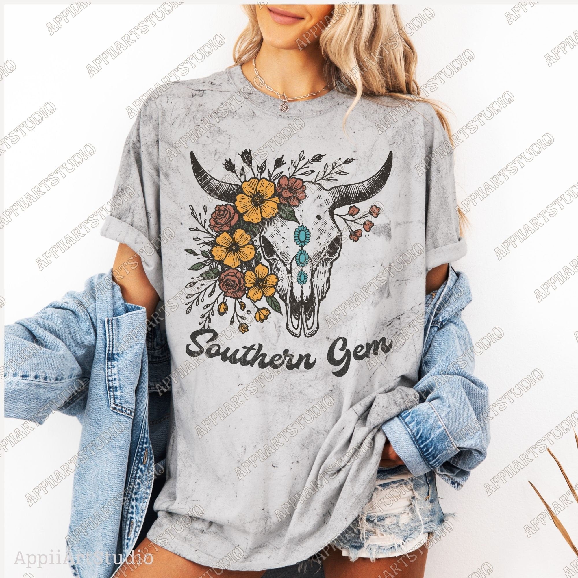 Floral Cow Skull PNG: Turquoise Gem, Western Design (Digital Download)