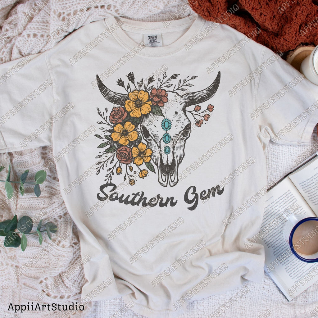 Floral Cow Skull PNG: Turquoise Gem, Western Design (Digital Download)