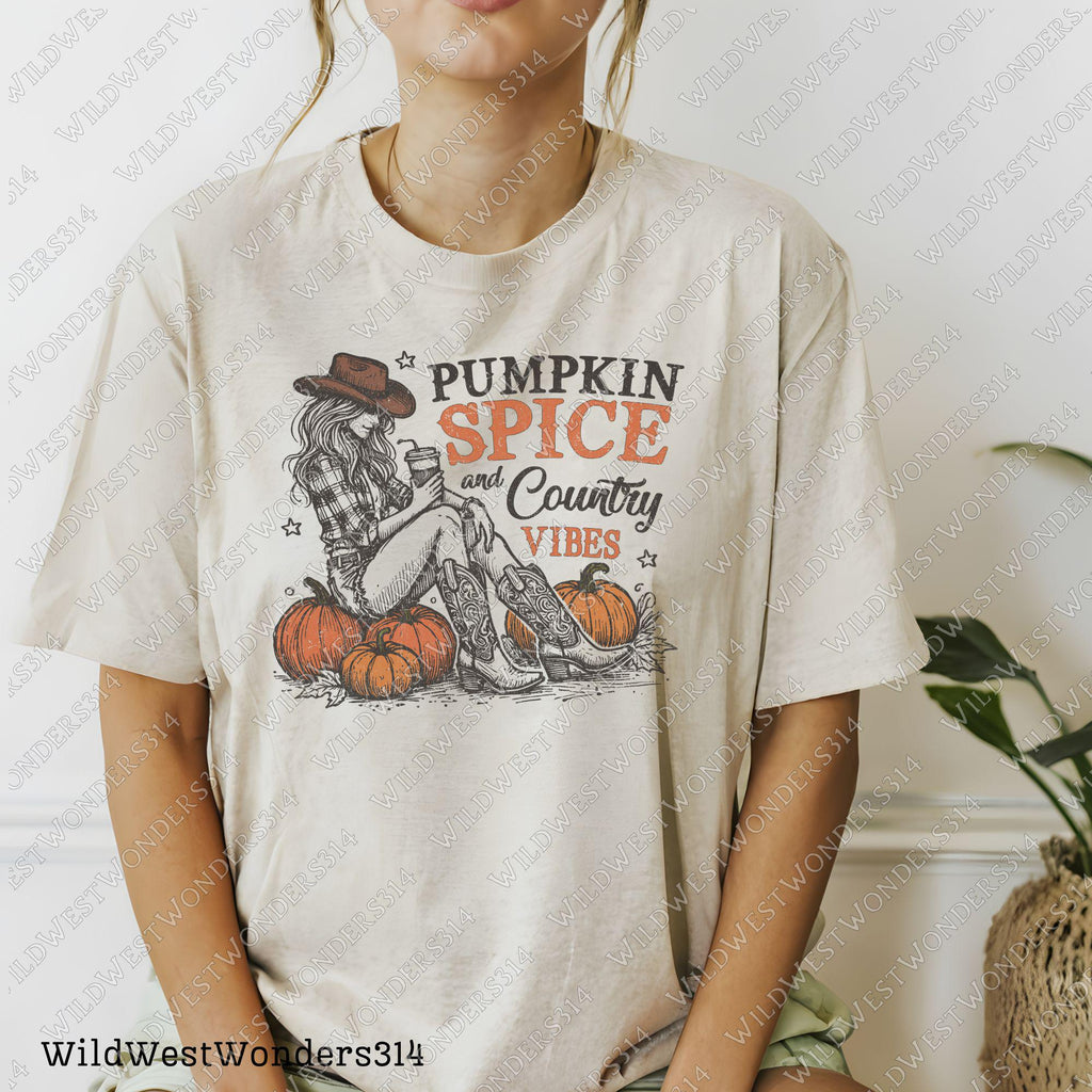 Pumpkin spice and country vibes Png, Fall shirt design, Retro fall sublimation design, Western fall Png, Western Cowgirl Pumpkin Png Digital