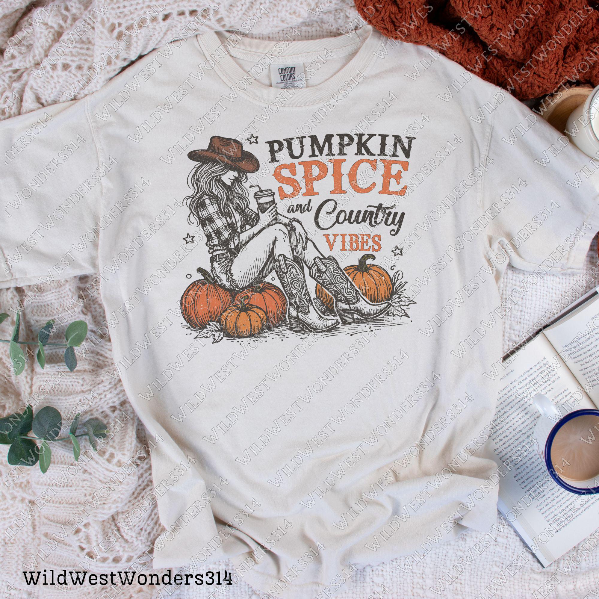Pumpkin spice and country vibes Png, Fall shirt design, Retro fall sublimation design, Western fall Png, Western Cowgirl Pumpkin Png Digital